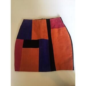 Colorful Vintage Leather Skirt -Orange Blue Pink and Black